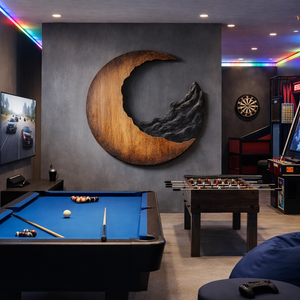 Contemporary Solid Wood Crescent Wall Sculpture with Layered Carving for Living Rooms