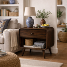 Solid Wood Bedside Cabinet with Upper Drawer Open Lower Shelf and Rounded Profile