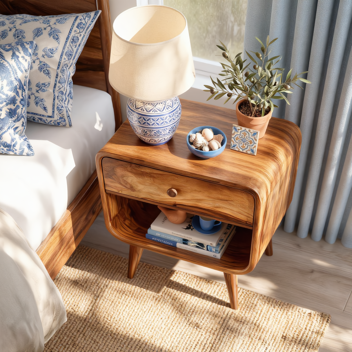 Solid Wood Bedside Cabinet with Upper Drawer Open Lower Shelf and Rounded Profile