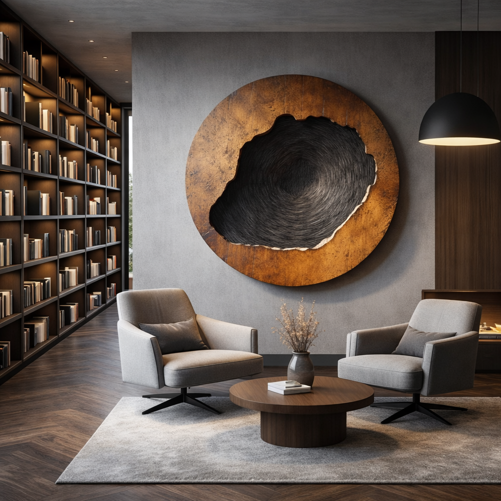 Round Textured Center Solid Wood Wall Sculpture for Living Room