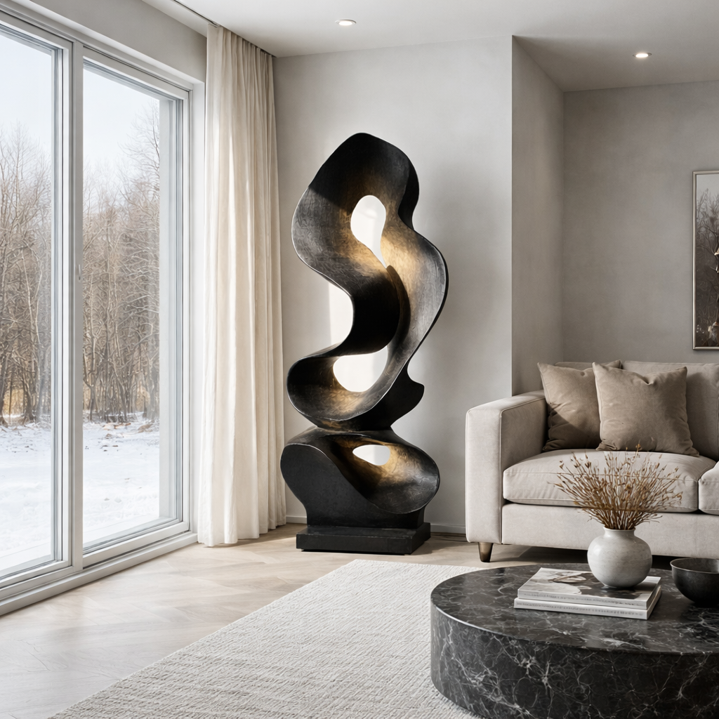 Solid Wood Open Flow Floor Sculpture with Plinth for Modern Interiors