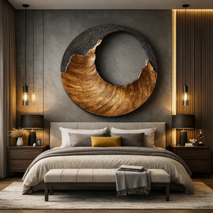 Large Circular Solid Wood Wall Sculpture with Black Crest Wave for Modern Living Rooms