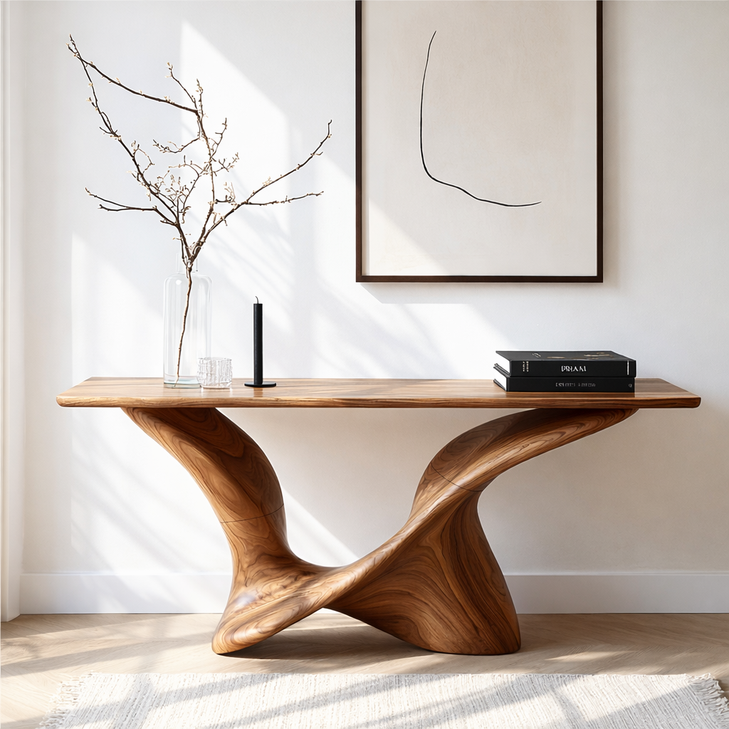 Modern Solid Wood Console Table with Sculpted Curved Base