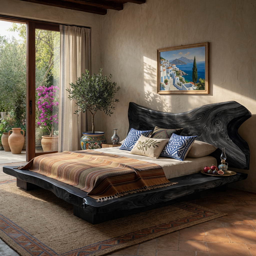 Solid Wood Sculptural Bed with Freeform Live Edge Headboard and Platform Base