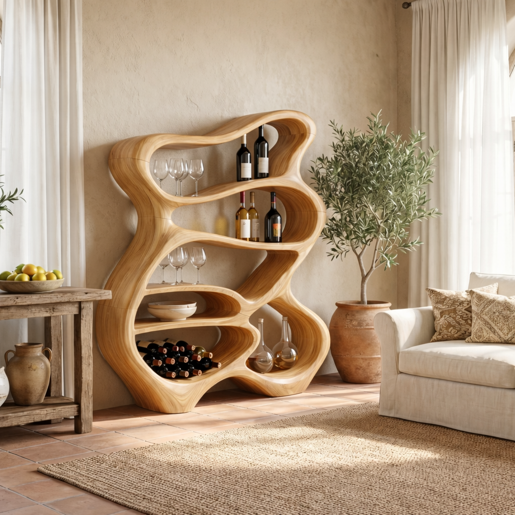Handcrafted Solid Wood Bar Cabinet with Organic Open Shelves for Living Room