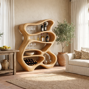Handcrafted Solid Wood Bar Cabinet with Organic Open Shelves for Living Room