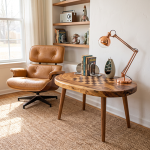 Handcrafted Solid Wood Chess Coffee Table with Freeform Top and Tapered Legs