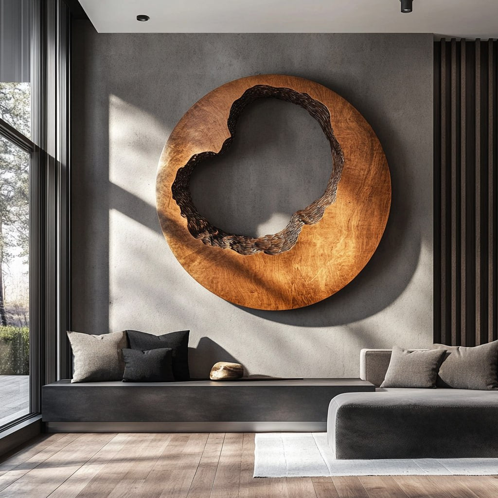 Abstract Round Solid Wood Wall Art Modern Organic Wall Sculpture for Living Room Decor