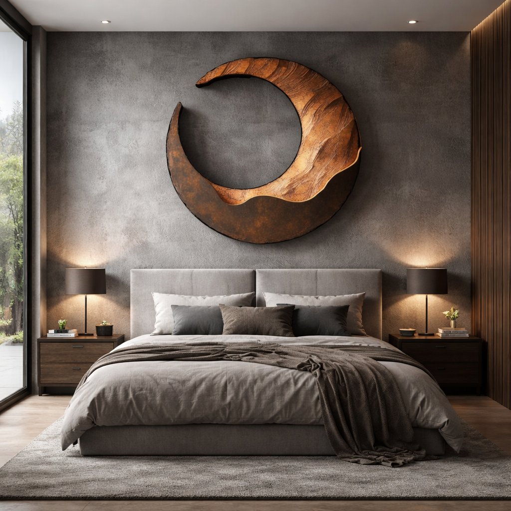 Large Solid Wood Crescent Wall Sculpture for Modern Living Rooms