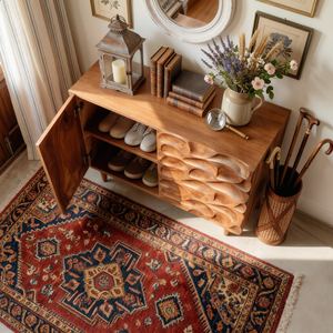 Handcrafted Solid Wood Shoe Cabinet with Sculptural Carved Door and Interior Shelving