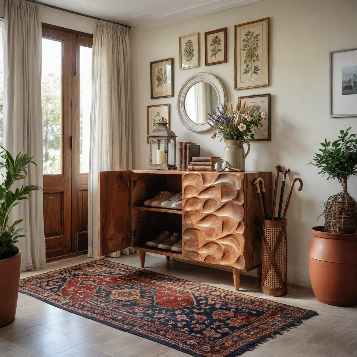 Handcrafted Solid Wood Shoe Cabinet with Sculptural Carved Door and Interior Shelving