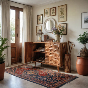 Handcrafted Solid Wood Shoe Cabinet with Sculptural Carved Door and Interior Shelving