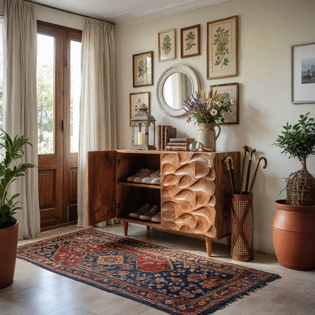 Handcrafted Solid Wood Shoe Cabinet with Sculptural Carved Door and Interior Shelving