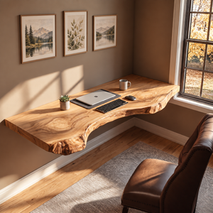 Floating Live Edge Solid Wood Desk For Modern Home Office