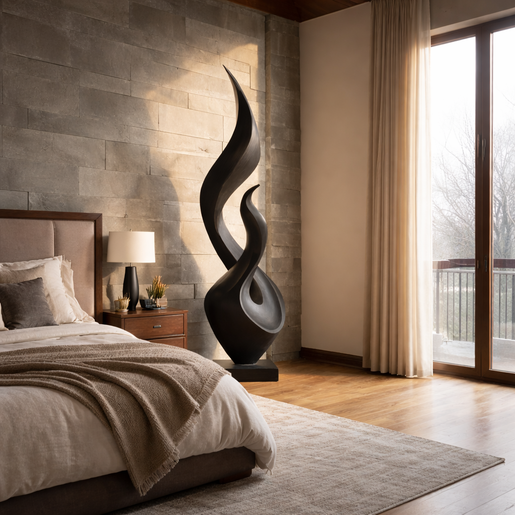 Tall Solid Wood Flame Floor Sculpture for Modern Interiors