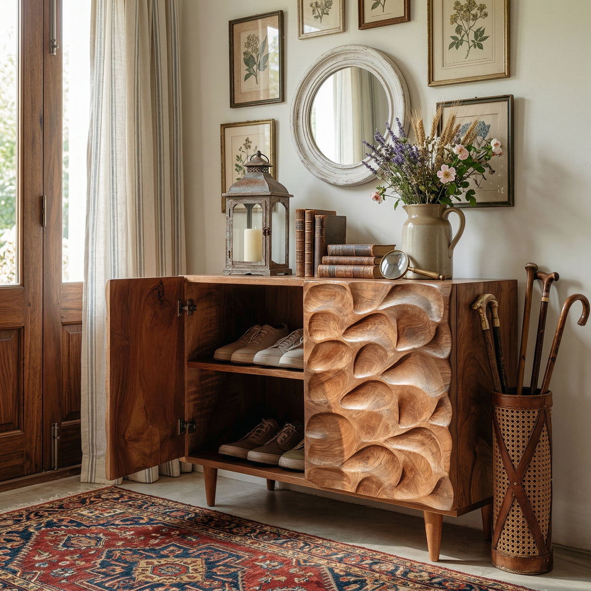 Handcrafted Solid Wood Shoe Cabinet with Sculptural Carved Door and Interior Shelving