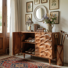 Handcrafted Solid Wood Shoe Cabinet with Sculptural Carved Door and Interior Shelving