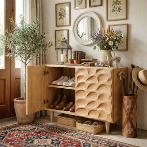 Handcrafted Solid Wood Shoe Cabinet with Sculptural Carved Door and Interior Shelving