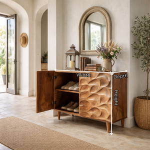 Handcrafted Solid Wood Shoe Cabinet with Sculptural Carved Door and Interior Shelving
