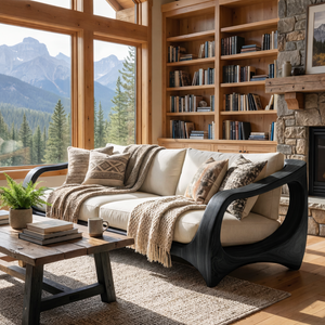 Handcrafted Solid Wood Sofa with Open Sculptural Arms for Living Room