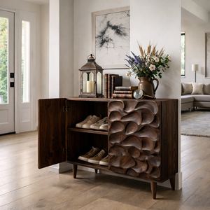 Handcrafted Solid Wood Shoe Cabinet with Sculptural Carved Door and Interior Shelving