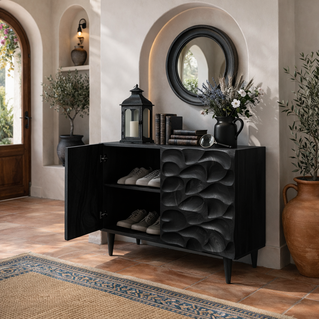 Handcrafted Solid Wood Shoe Cabinet with Sculptural Carved Door and Interior Shelving