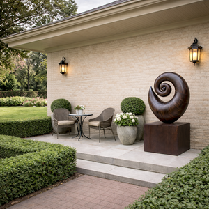 Solid Wood Spiral Shell Sculpture with Plinth for Gardens and Modern Landscapes