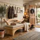 Sculptural Solid Wood Bench with Open Backrest for Entryway and Living Space
