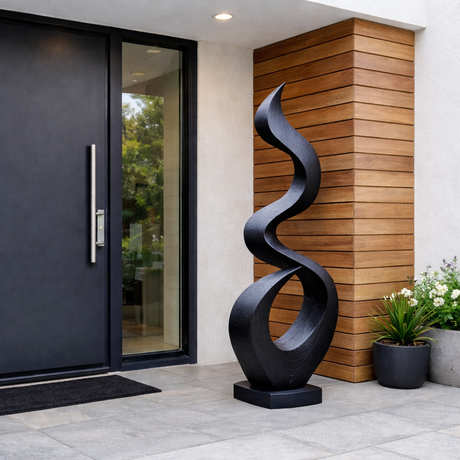 Outdoor Solid Wood Spiral Flame Sculpture for Courtyards, Patios, and Modern Gardens