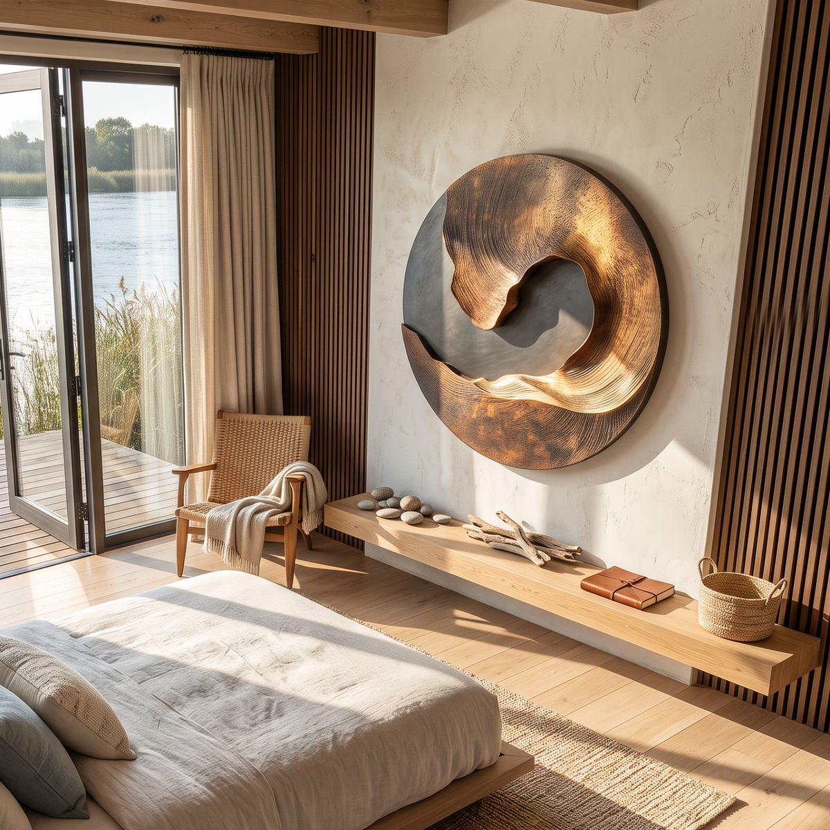 Handcrafted Solid Wood Wall Sculpture with Abstract Circular Wave Form