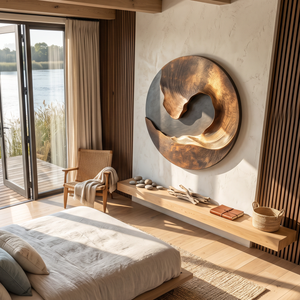 Handcrafted Solid Wood Wall Sculpture with Abstract Circular Wave Form