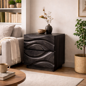 Handcrafted Solid Wood Nightstand with Sculpted Wave Drawer Fronts