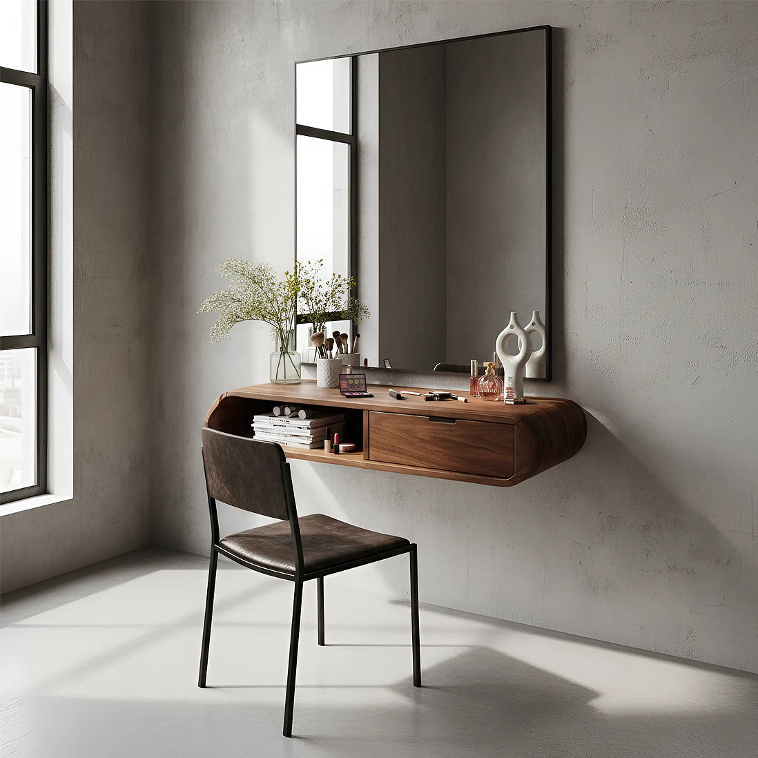 Floating Solid Wood Vanity with Rounded Drawer