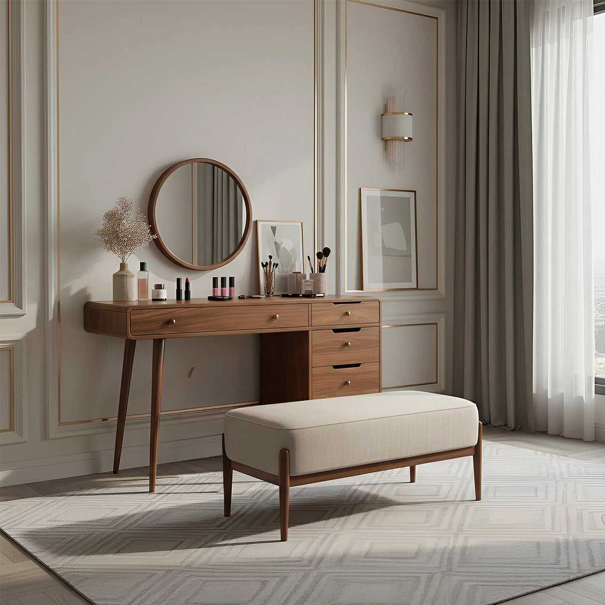 Solid Wood Vanity Table with Storage Cabinet
