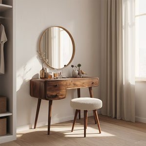 Mid-Century Solid Wood Vanity Table with Rounded Edges and Drawers