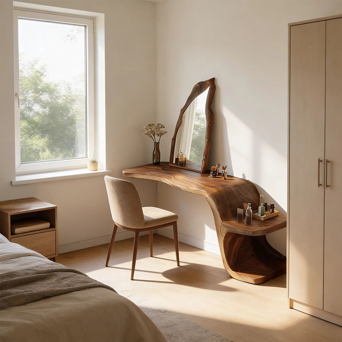 Live Edge Solid Wood Floating Vanity Table with Organic Sculptural Form