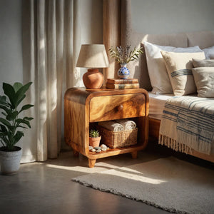 Handcrafted Solid Wood Nightstand with Soft Rounded Corners Drawer and Open Storage