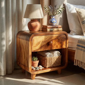 Handcrafted Solid Wood Nightstand with Soft Rounded Corners Drawer and Open Storage
