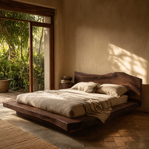 Solid Wood Platform Bed with Natural Edge Headboard for Bedroom