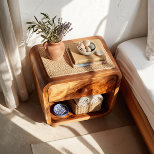 Handcrafted Solid Wood Nightstand with Soft Rounded Corners Drawer and Open Storage