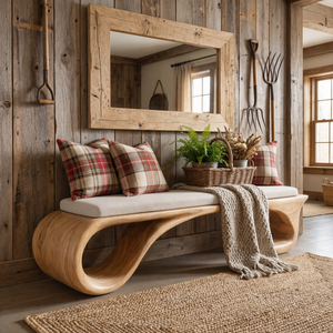 Organic Solid Wood Hallway Bench with Sculptural Curved Base
