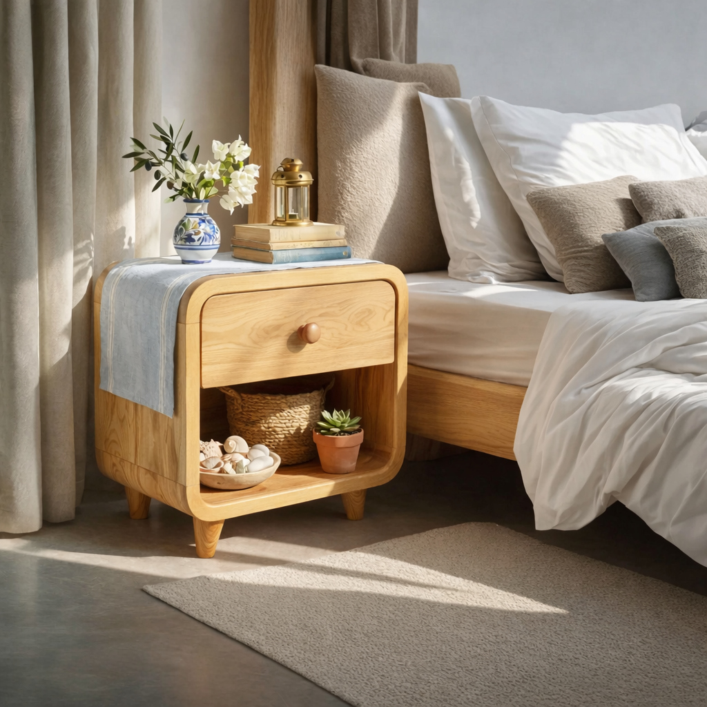 Handcrafted Solid Wood Nightstand with Soft Rounded Corners Drawer and Open Storage