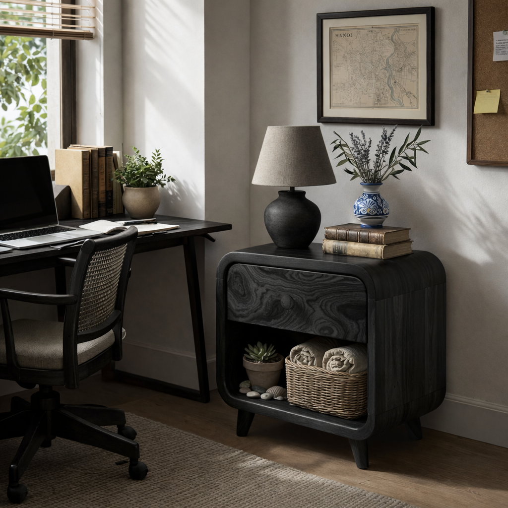 Handcrafted Solid Wood Nightstand with Soft Rounded Corners Drawer and Open Storage