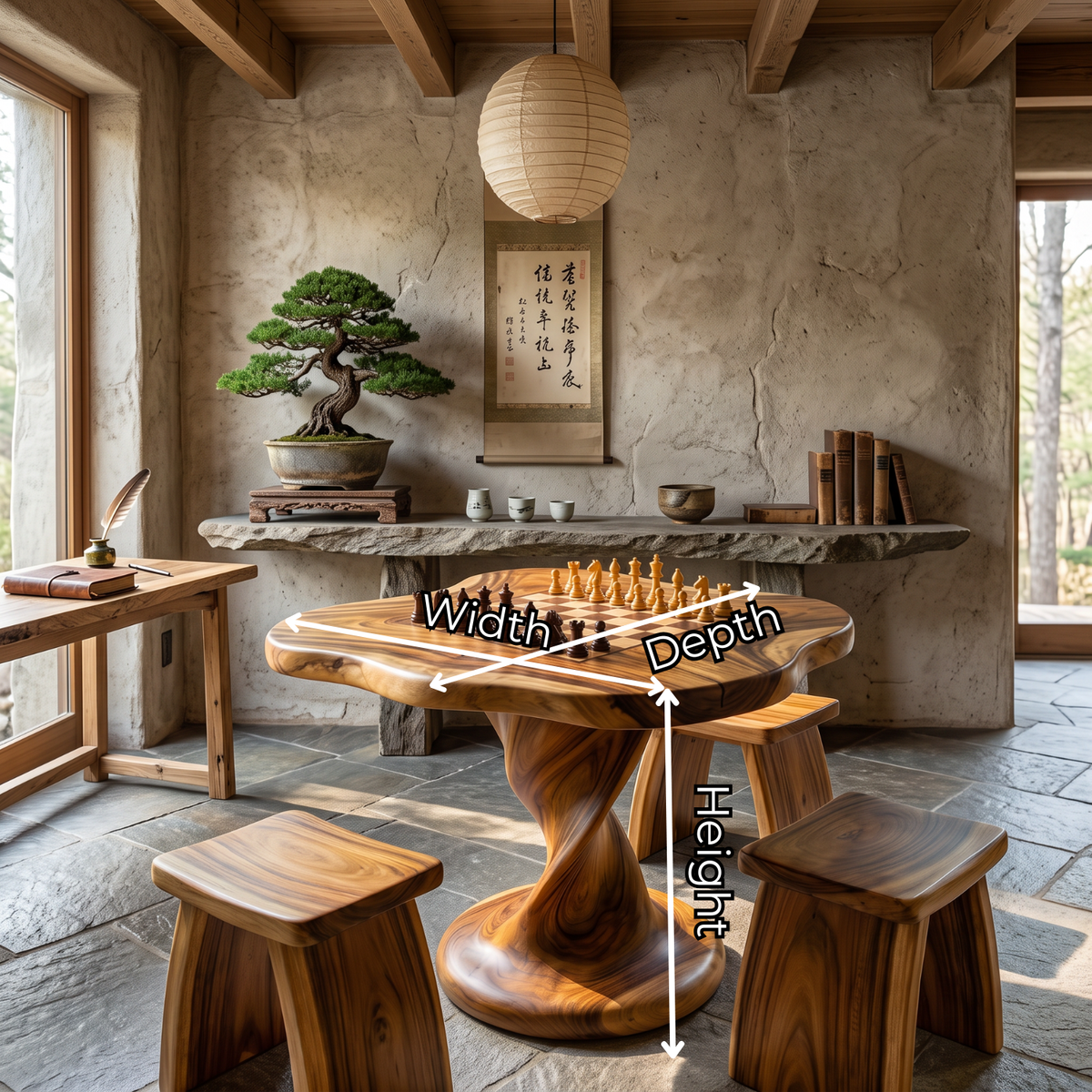 Chess Table Solid Wood with Freeform Top and Sculptural Pedestal
