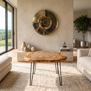 Handcrafted Solid Wood Chess Coffee Table with Organic Freeform Top and Hairpin Legs