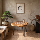 Handcrafted Solid Wood Chess Coffee Table with Organic Freeform Top and Hairpin Legs