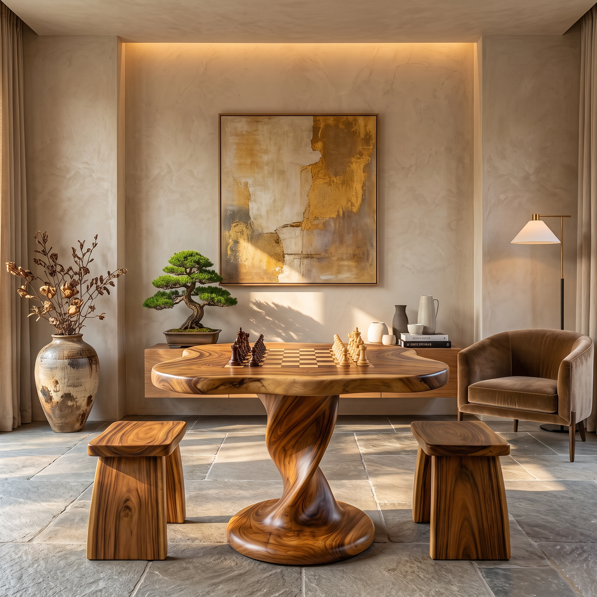 Chess Table Solid Wood with Freeform Top and Sculptural Pedestal