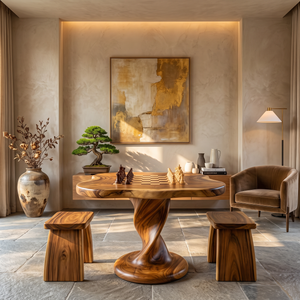 Chess Table Solid Wood with Freeform Top and Sculptural Pedestal
