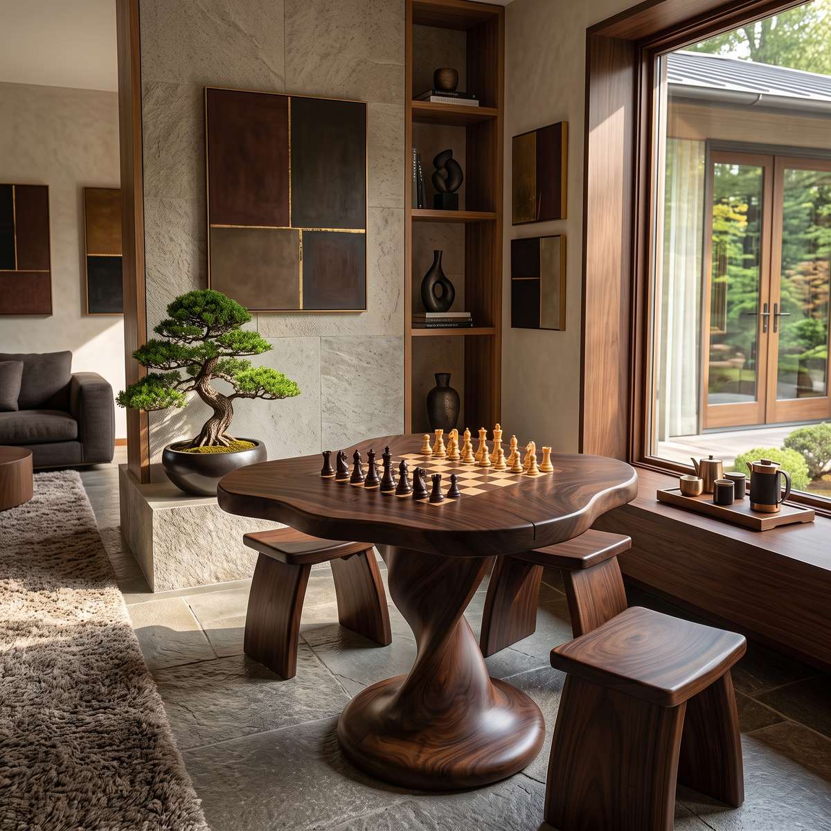 Chess Table Solid Wood with Freeform Top and Sculptural Pedestal