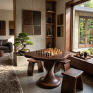 Chess Table Solid Wood with Freeform Top and Sculptural Pedestal